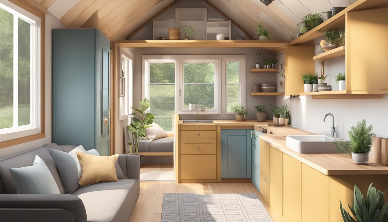 A cozy tiny house with a spacious living area, a compact kitchen, and a functional bathroom. The decor is minimalist, with large windows letting in plenty of natural light