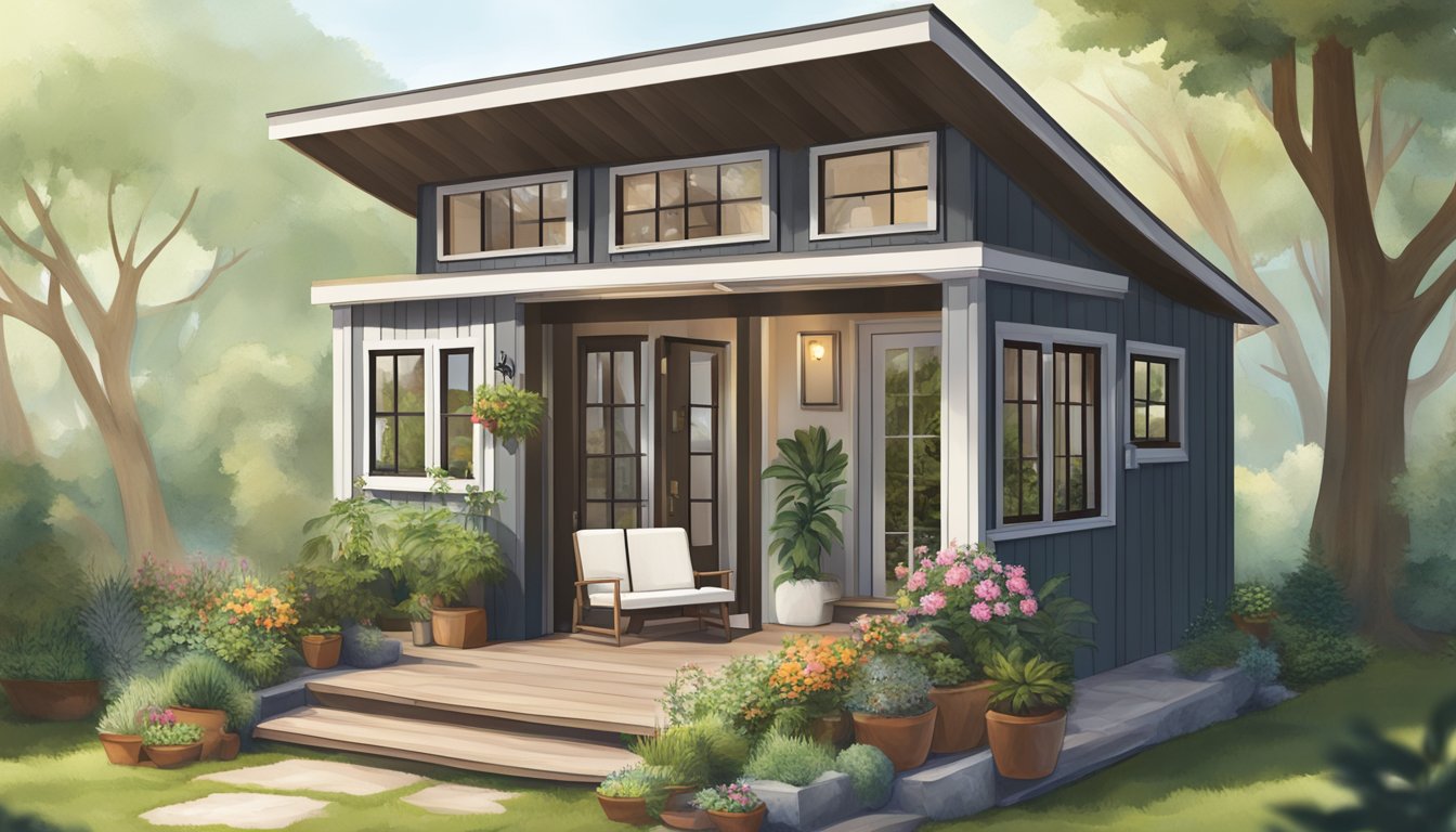 A cozy tiny house nestled in a serene natural setting, with a small patio and potted plants