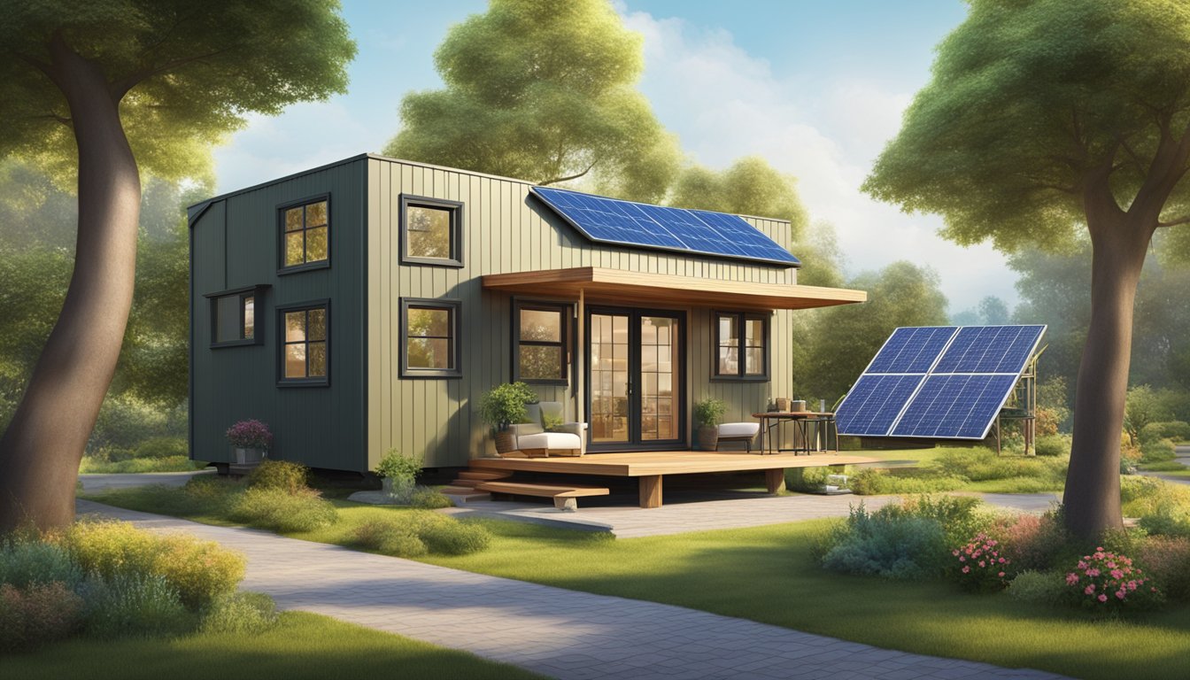 A small, stationary tiny house with solar panels on the roof, surrounded by trees and a small garden