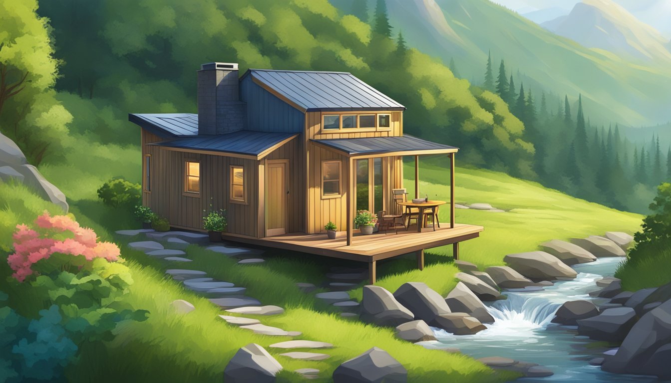 A tiny house nestled in a scenic mountain valley, surrounded by lush greenery and a flowing river