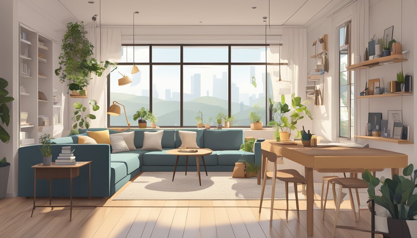 A cozy, clutter-free interior with multi-functional furniture and clever storage solutions. Natural light streams in through large windows, illuminating the minimalist decor