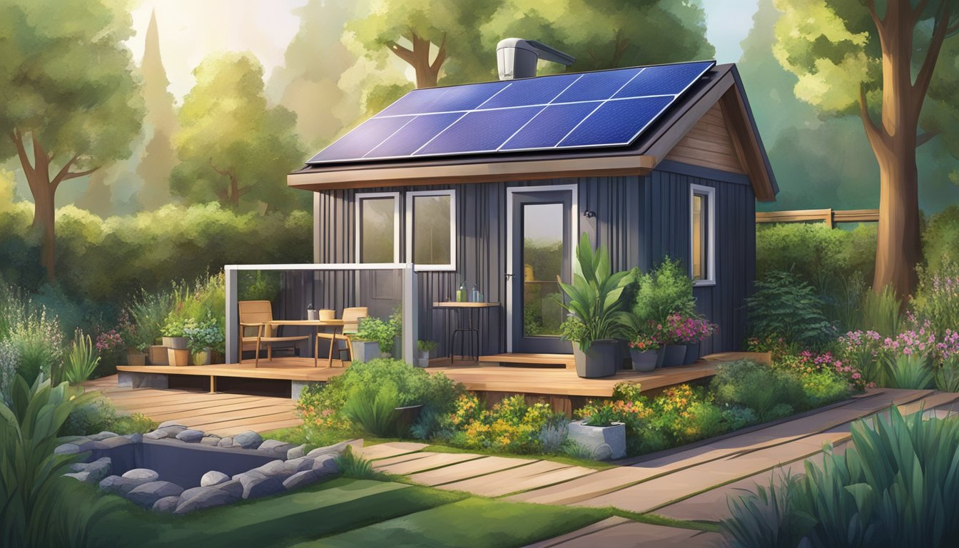 A tiny house with solar panels and a rainwater collection system surrounded by a lush garden and composting area