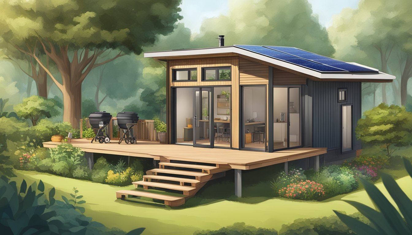 A tiny house surrounded by lush greenery, solar panels on the roof, and a composting system in the backyard