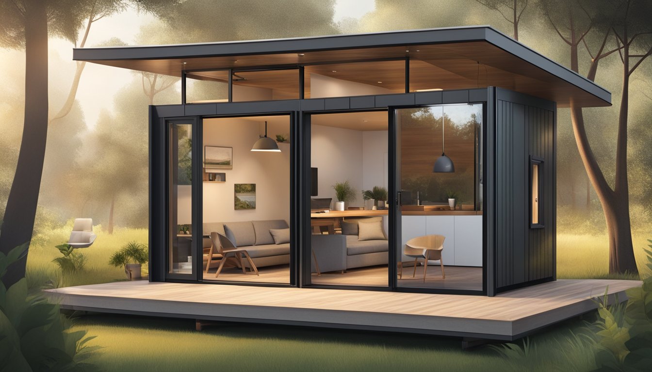 A modern tiny house with innovative design features, such as foldable furniture and multi-functional spaces, set against a backdrop of natural surroundings