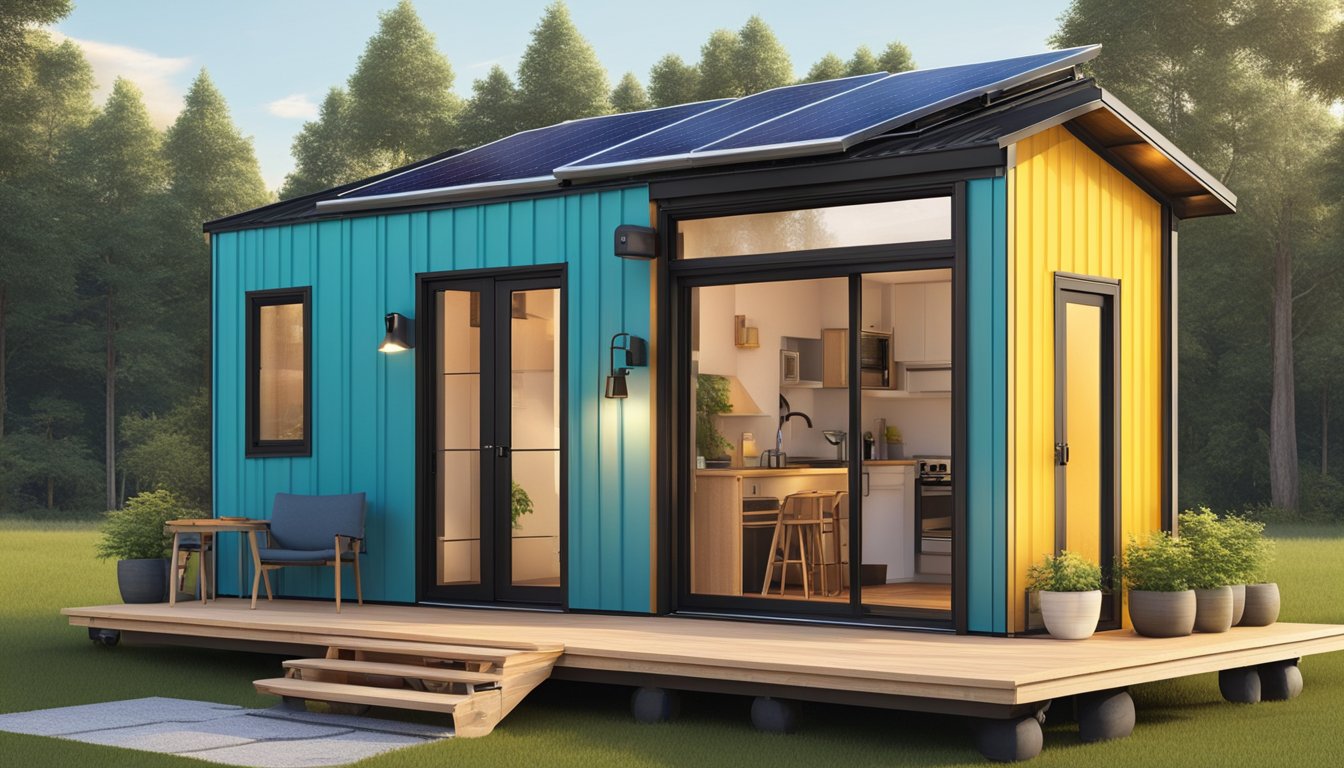 A tiny home with a lofted bedroom, compact kitchen, and efficient storage. Solar panels on the roof and a small outdoor deck