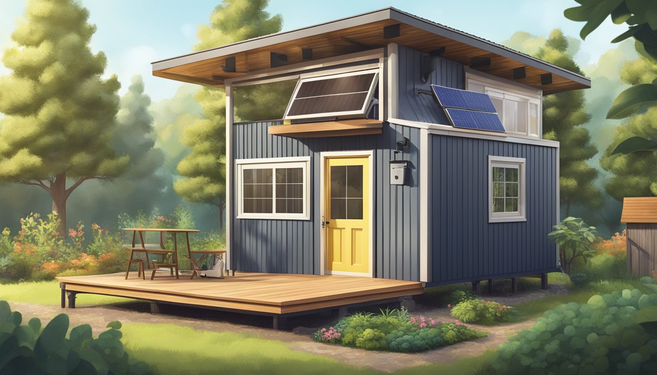 A tiny home surrounded by trees, with solar panels on the roof, a small garden, and a composting toilet