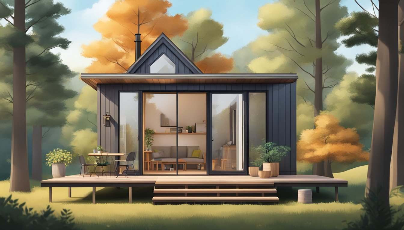 A cozy, minimalist tiny house with a loft bedroom, large windows, and a small porch, surrounded by trees and nature