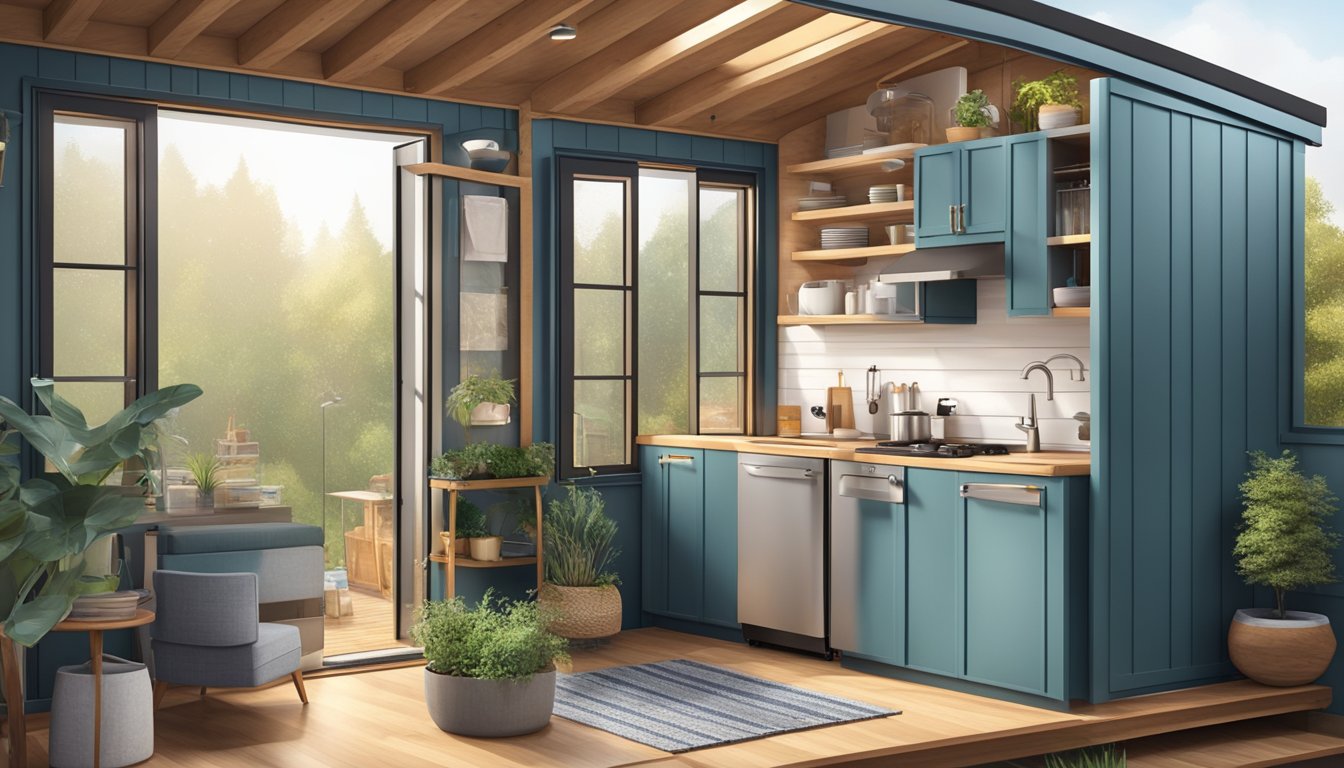 A cozy tiny house with a loft bedroom, compact kitchen, and a small living area with large windows and a sliding door leading to a tiny outdoor deck