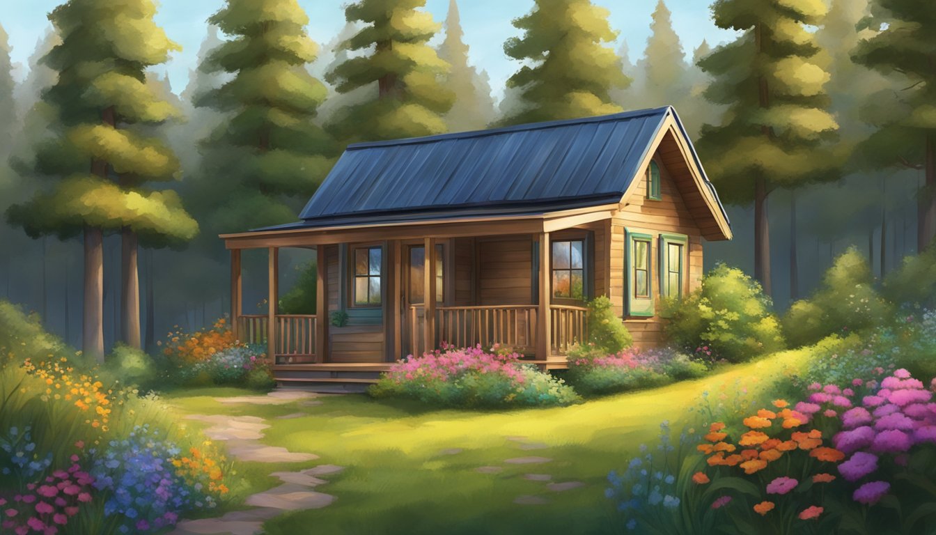 A cozy tiny house nestled in a lush forest, with a small porch and a sloped roof, surrounded by tall trees and colorful wildflowers