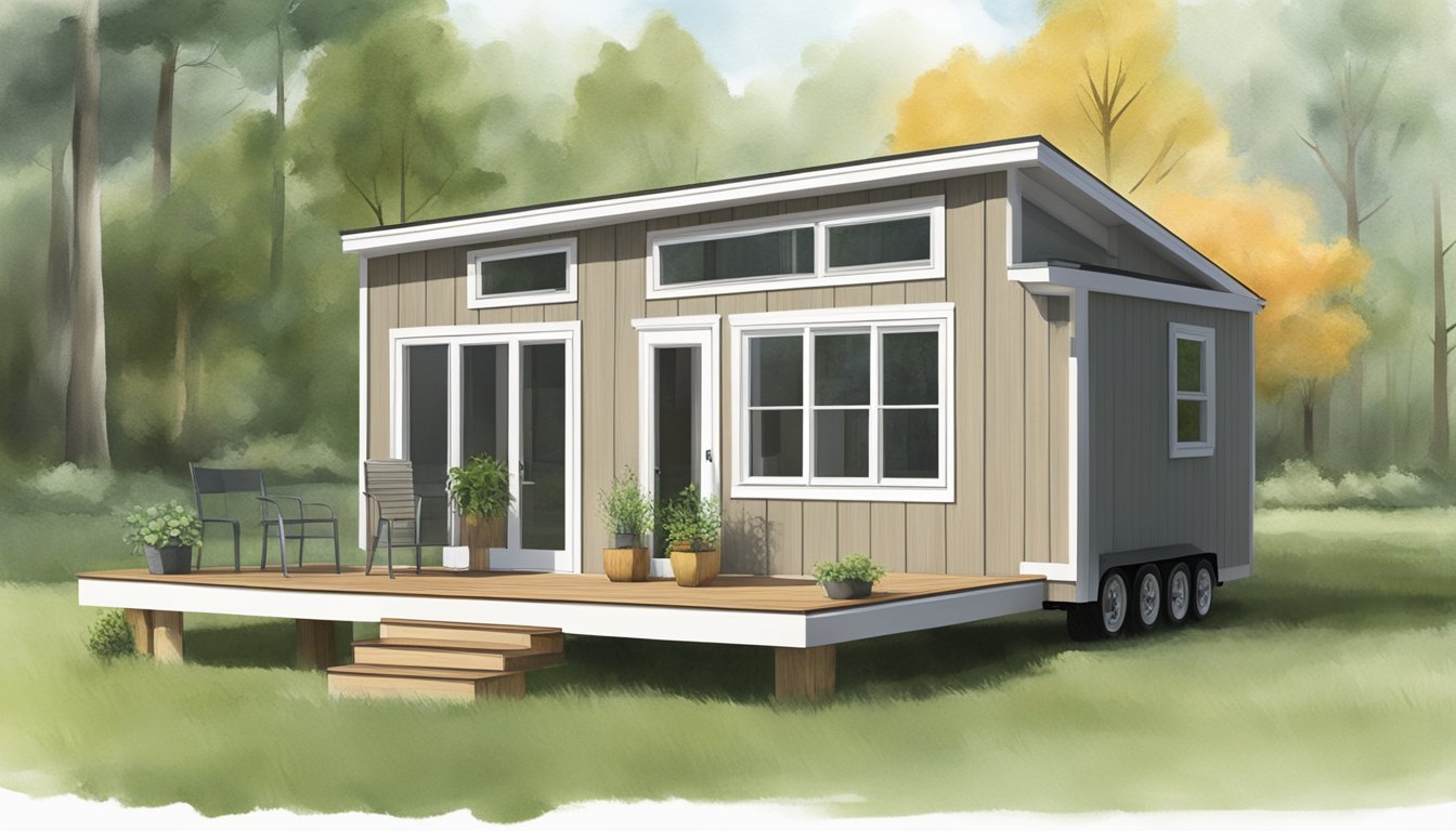 A compact tiny house with a single-level design, featuring a small porch and large windows, nestled in a serene natural setting