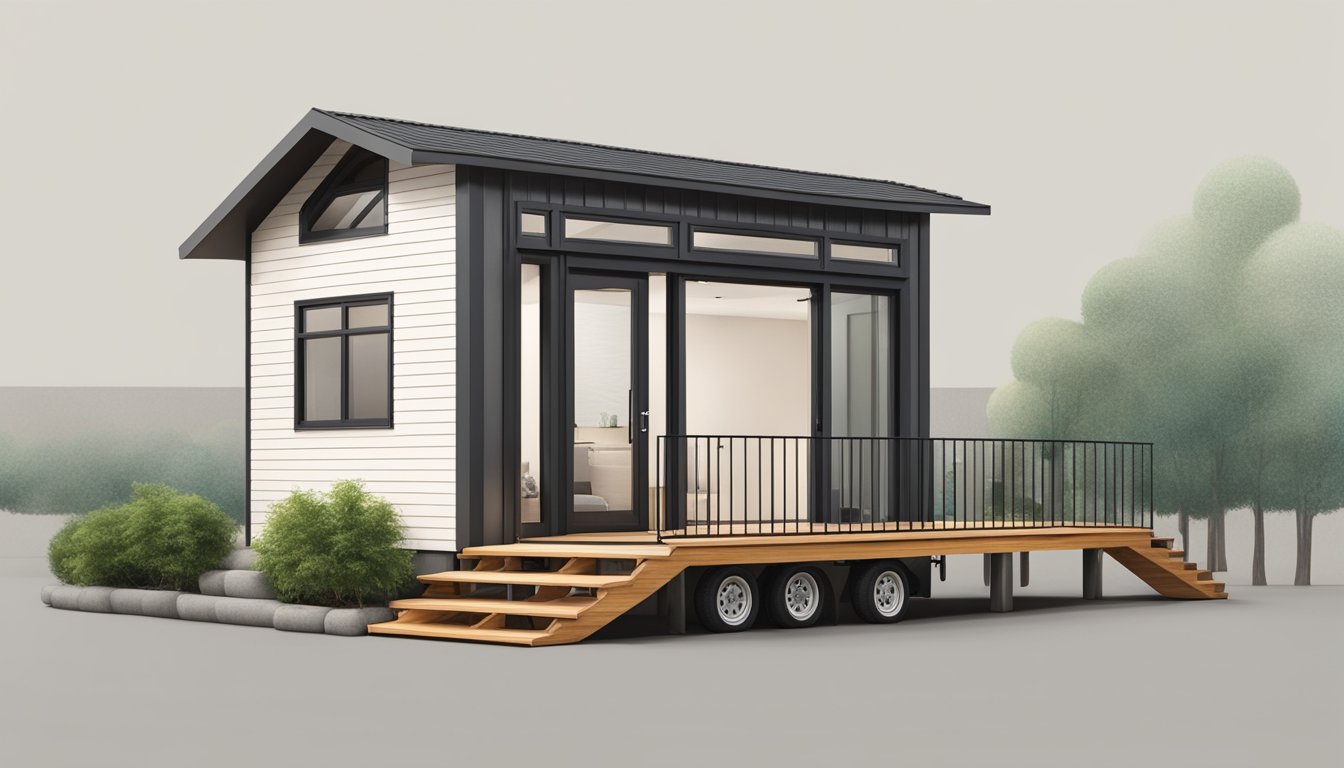 A tiny house with a ramp leading up to the entrance, wide doorways, and a spacious interior with no stairs