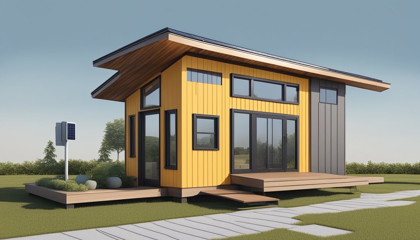 A tiny house with a ramp leading to the entrance, large windows, and a sloped roof with solar panels