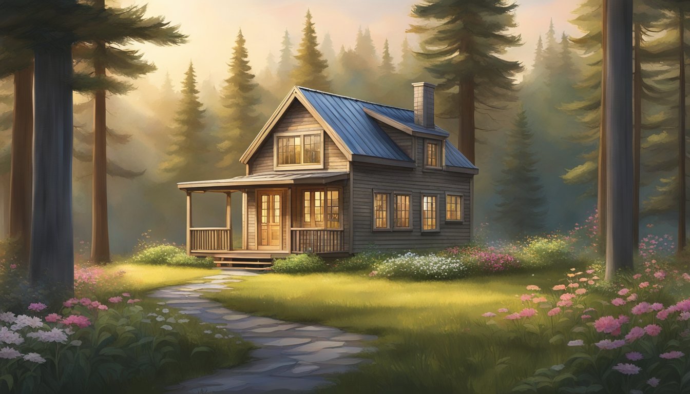 A tiny house sits nestled in a lush forest clearing, surrounded by tall trees and blooming wildflowers. The house features a single level with a front porch and large windows, blending seamlessly into its natural surroundings