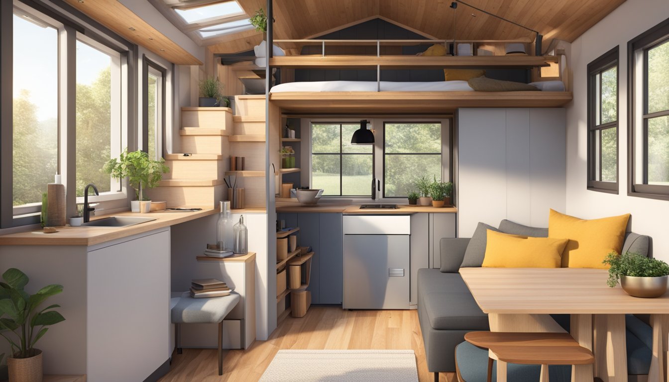 A cozy tiny house interior with a lofted bed, compact kitchen, fold-down table, and storage stairs. Large windows let in natural light