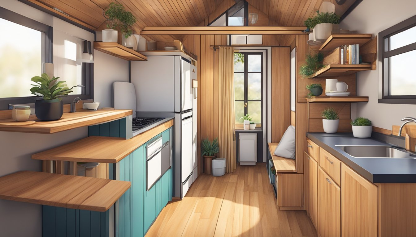 A cozy tiny house interior with no stairs, featuring a lofted bed, compact kitchen, and space-saving furniture