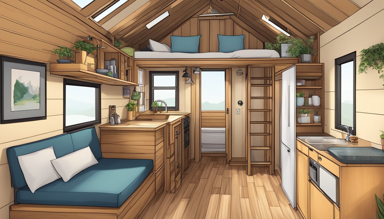 A cozy tiny house interior with a compact living area, a lofted bed, a small kitchenette, and no bathroom