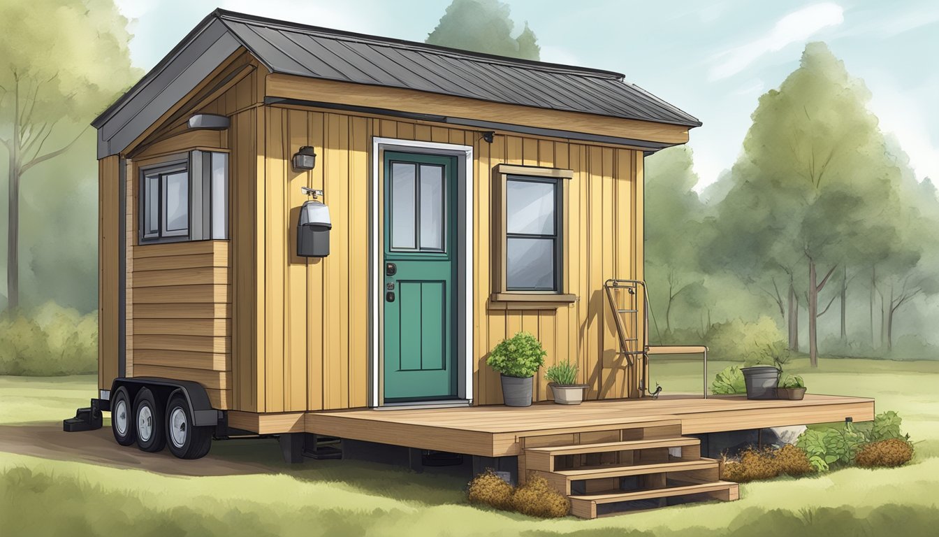 A tiny house with composting toilet, rainwater collection system, and compact appliances