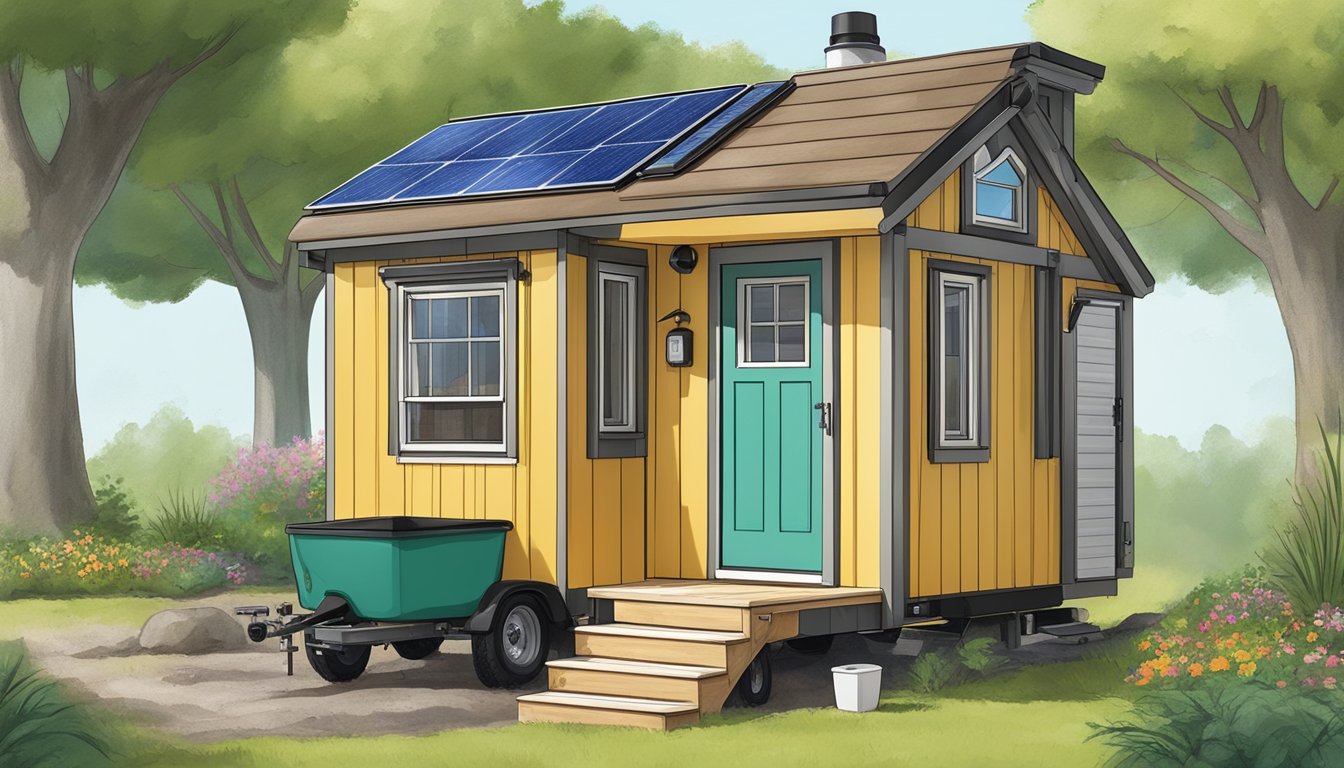 A tiny house with a composting toilet, rainwater collection system, and solar shower