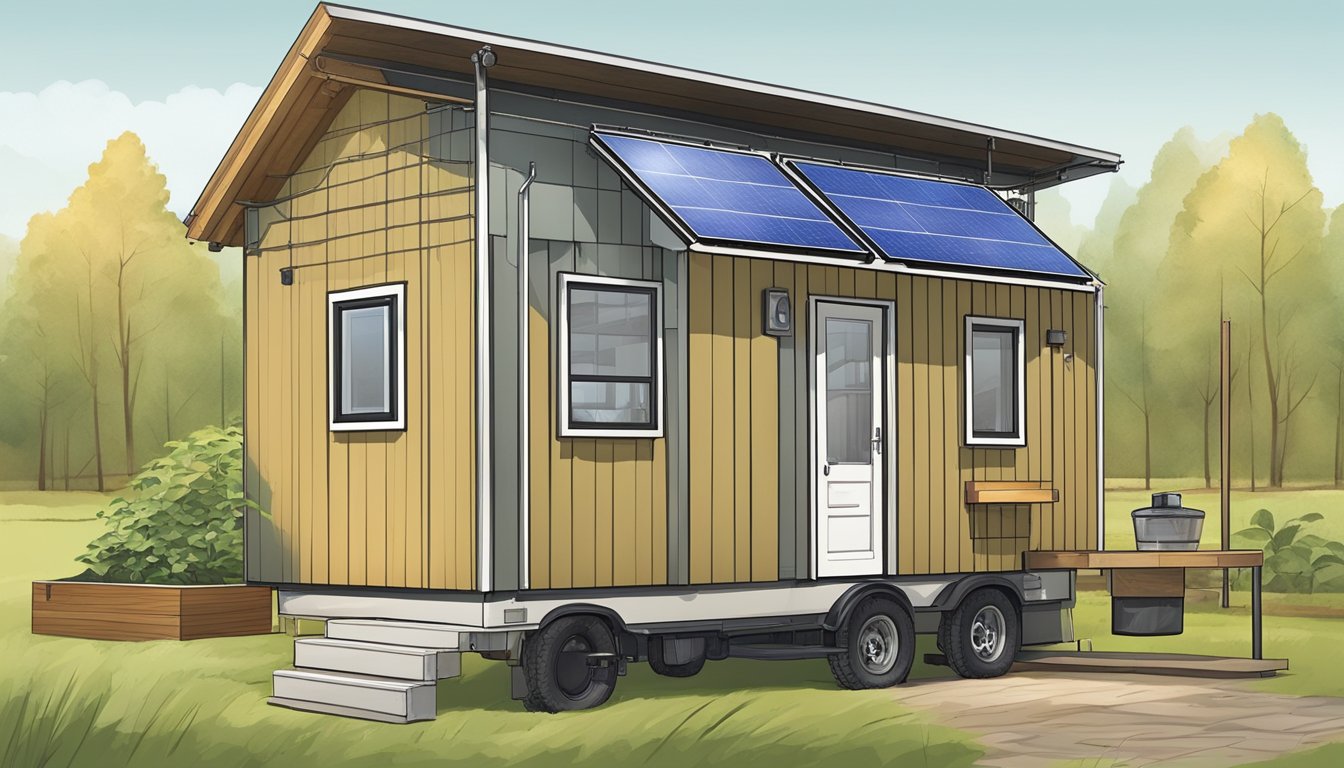 A small, off-grid tiny house with a rainwater collection system and composting toilet. Solar panels on the roof provide power