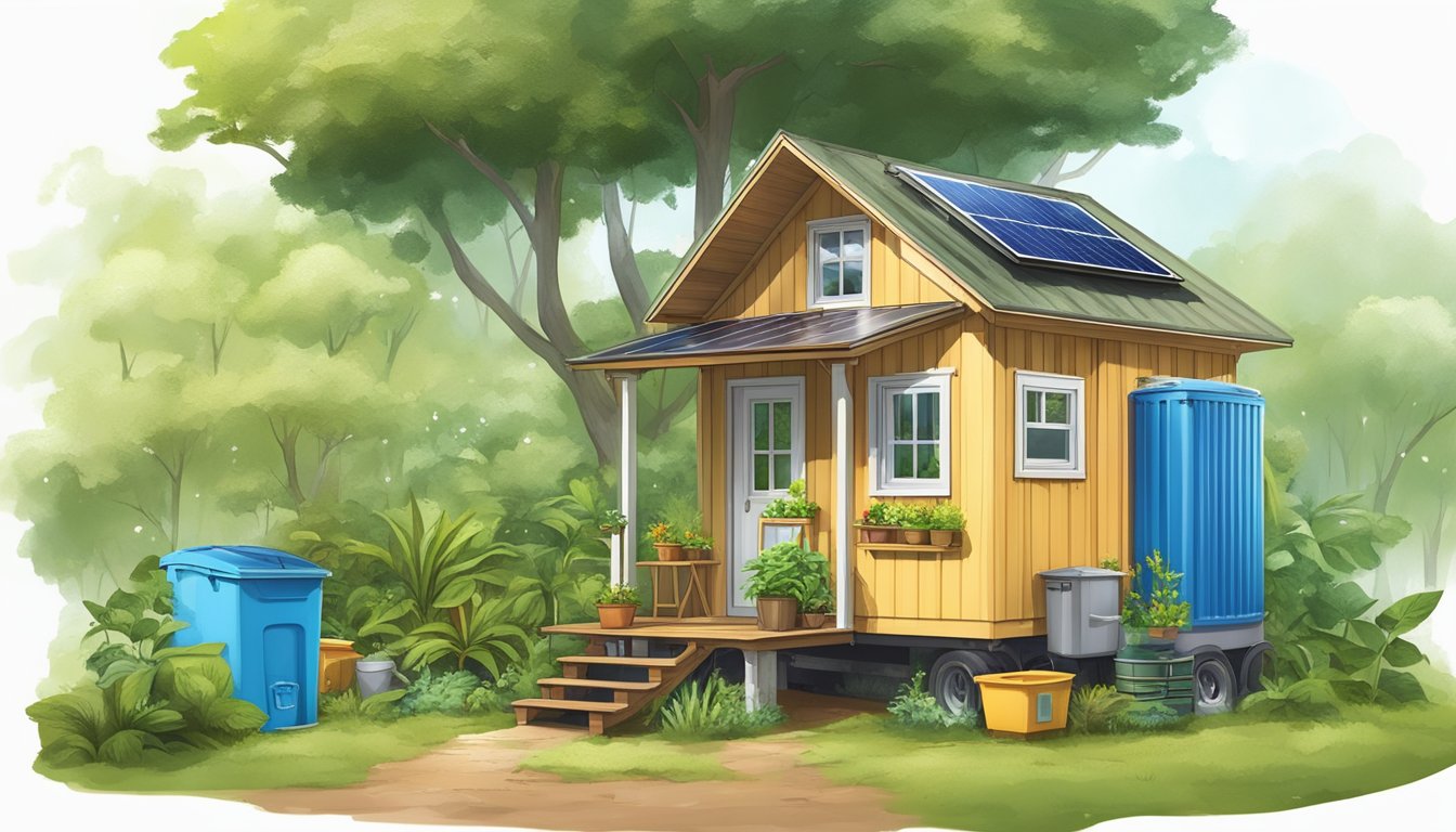 A tiny house with composting toilet, rainwater collection system, and solar panels, surrounded by lush vegetation and recycling bins