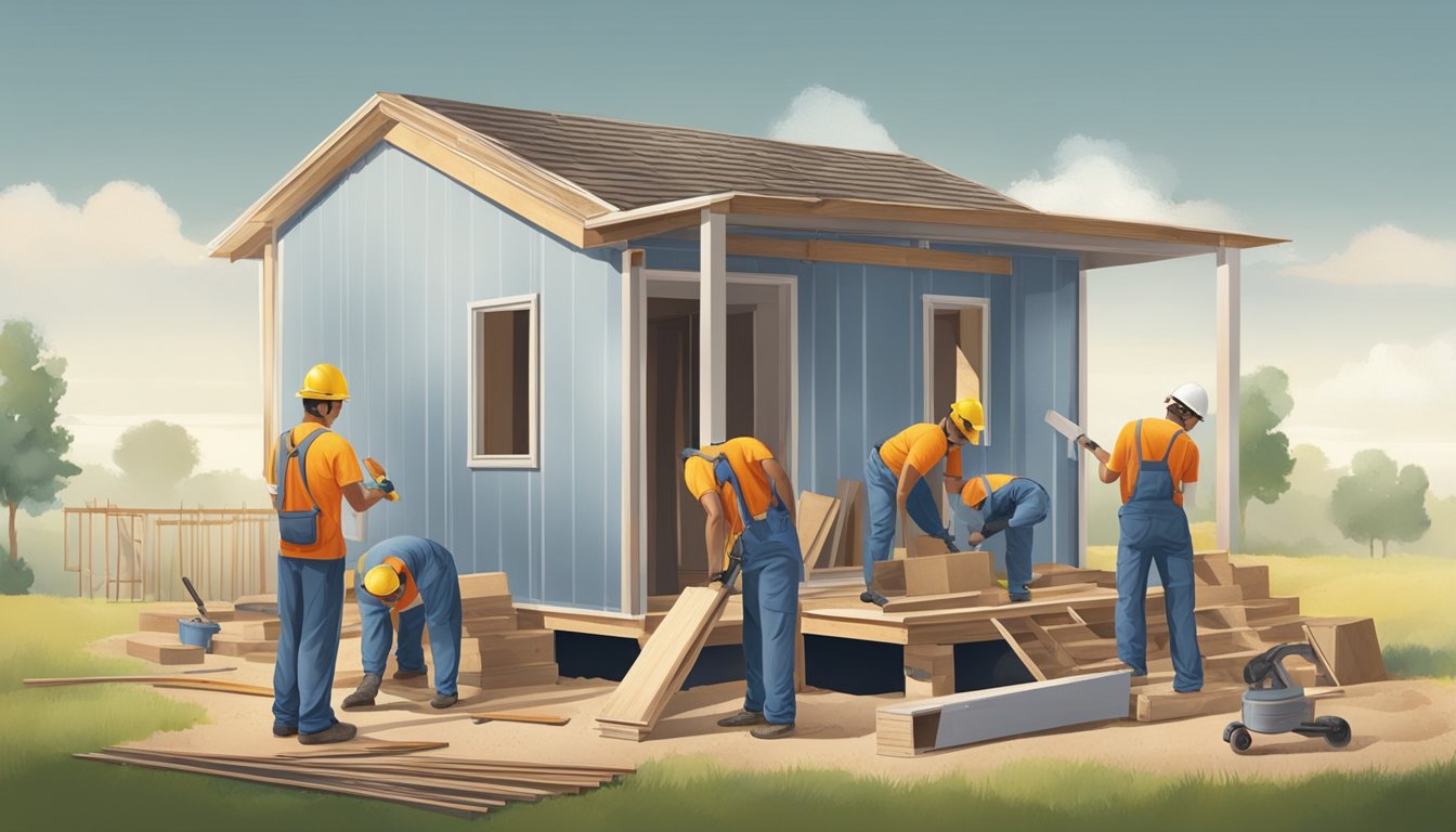 Workers building small house with no permit, using power tools and materials