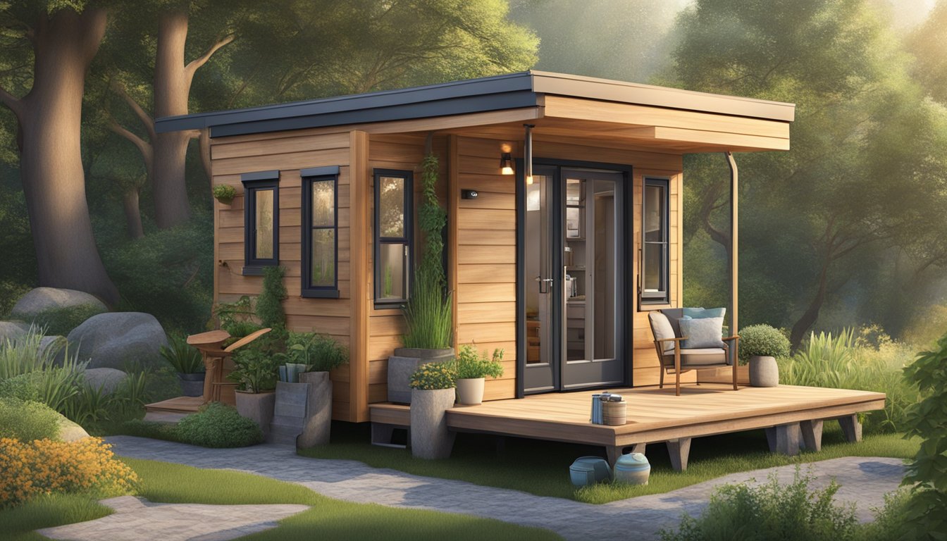 A cozy tiny house with a loft bedroom, kitchenette, and living space, surrounded by nature, but no bathroom