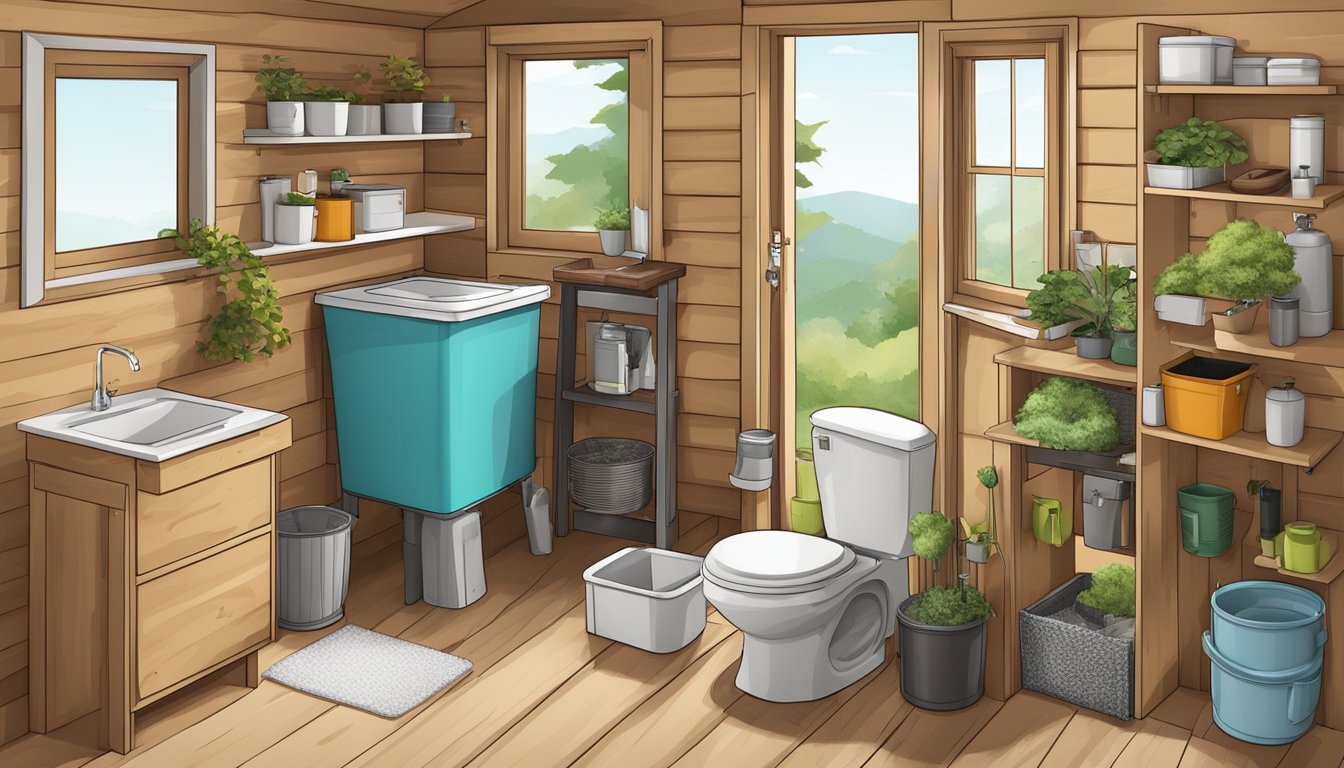 A tiny house bathroom with a composting toilet, surrounded by various accessories and add-ons such as a ventilation system, waste container, and a supply of sawdust or peat moss