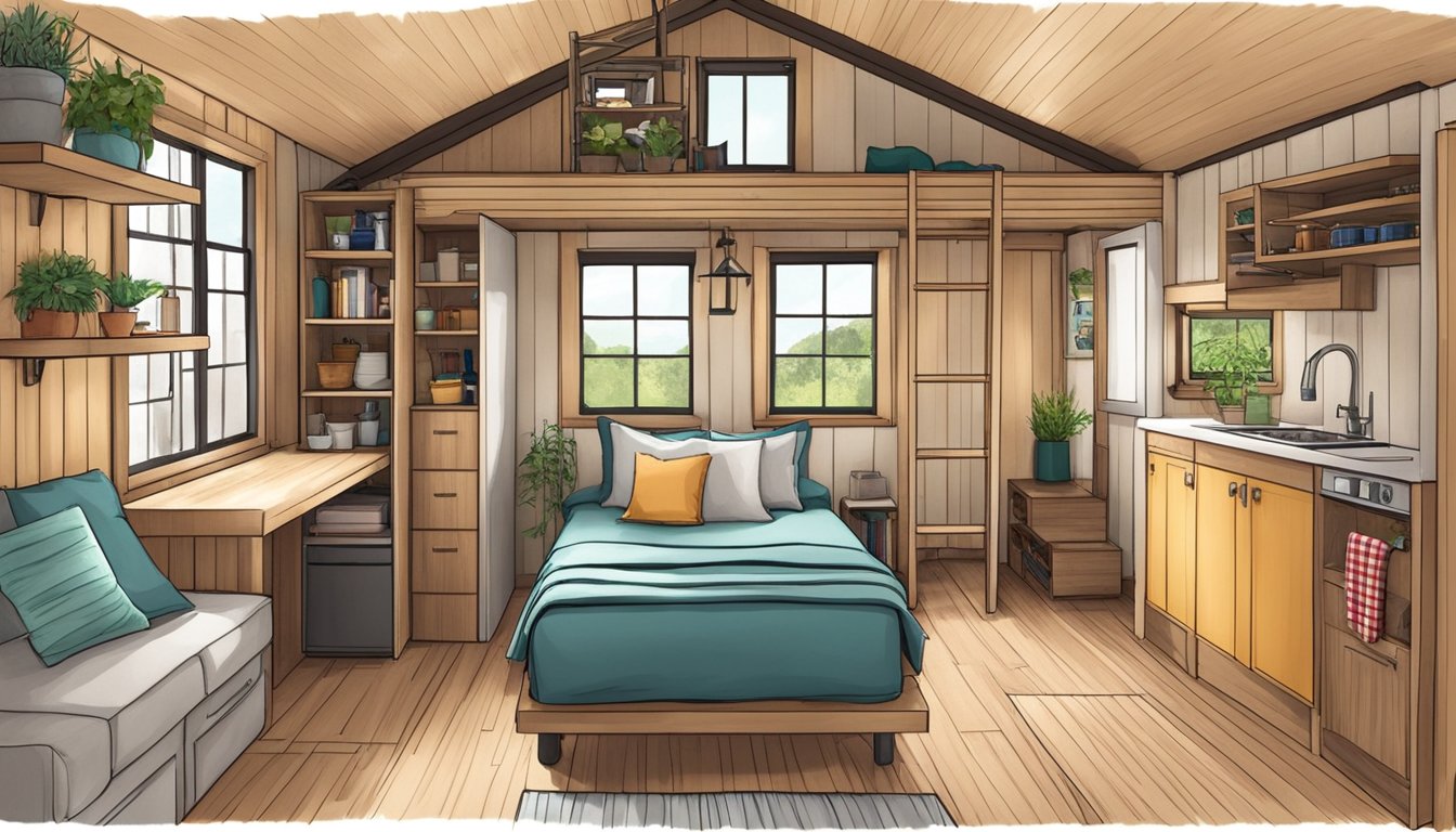 A cozy tiny house with a loft bed, kitchenette, and living area, but no bathroom