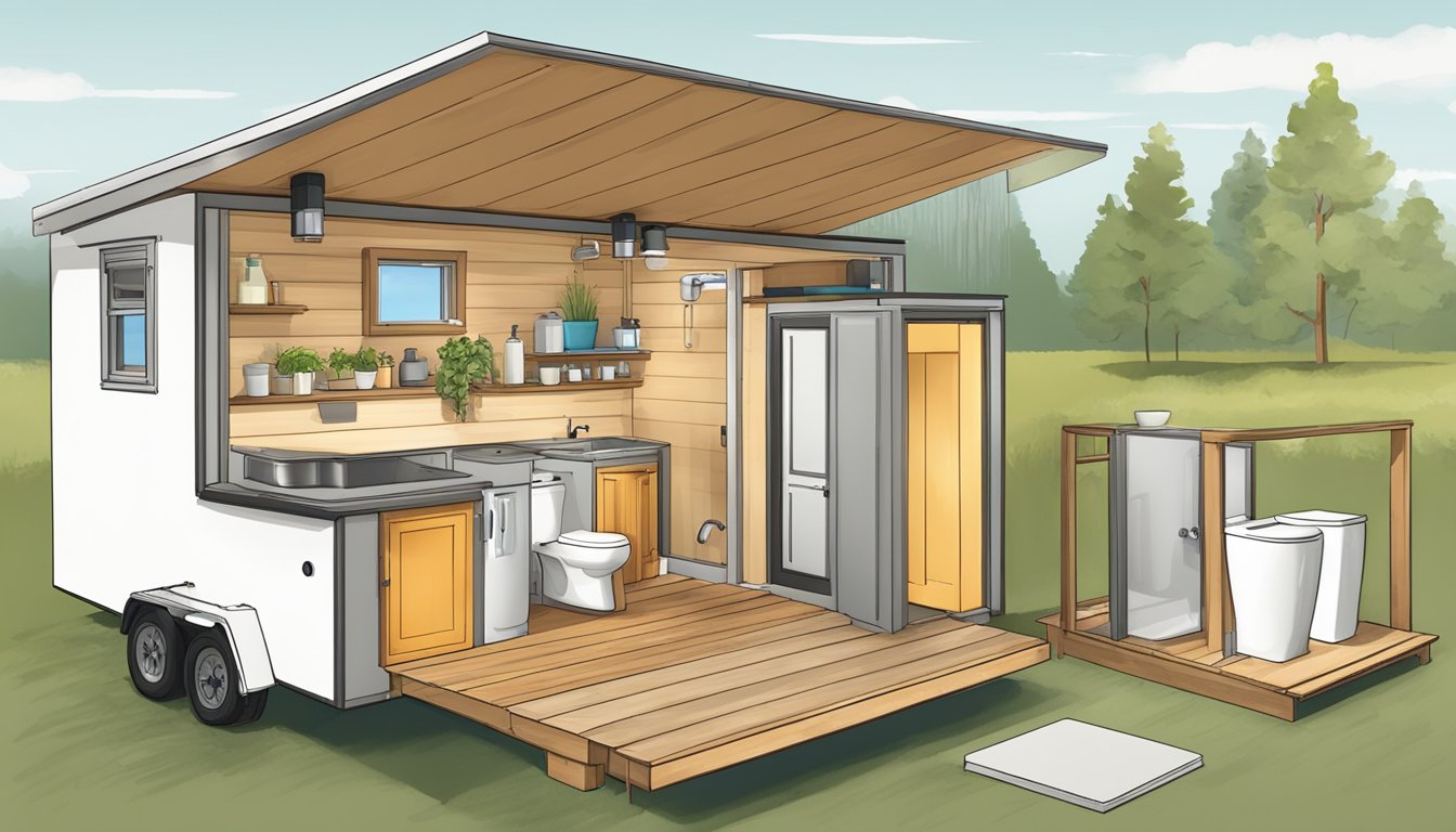 A tiny house interior with various toilet options, including composting, incinerating, and portable toilets, all designed to function without a septic system