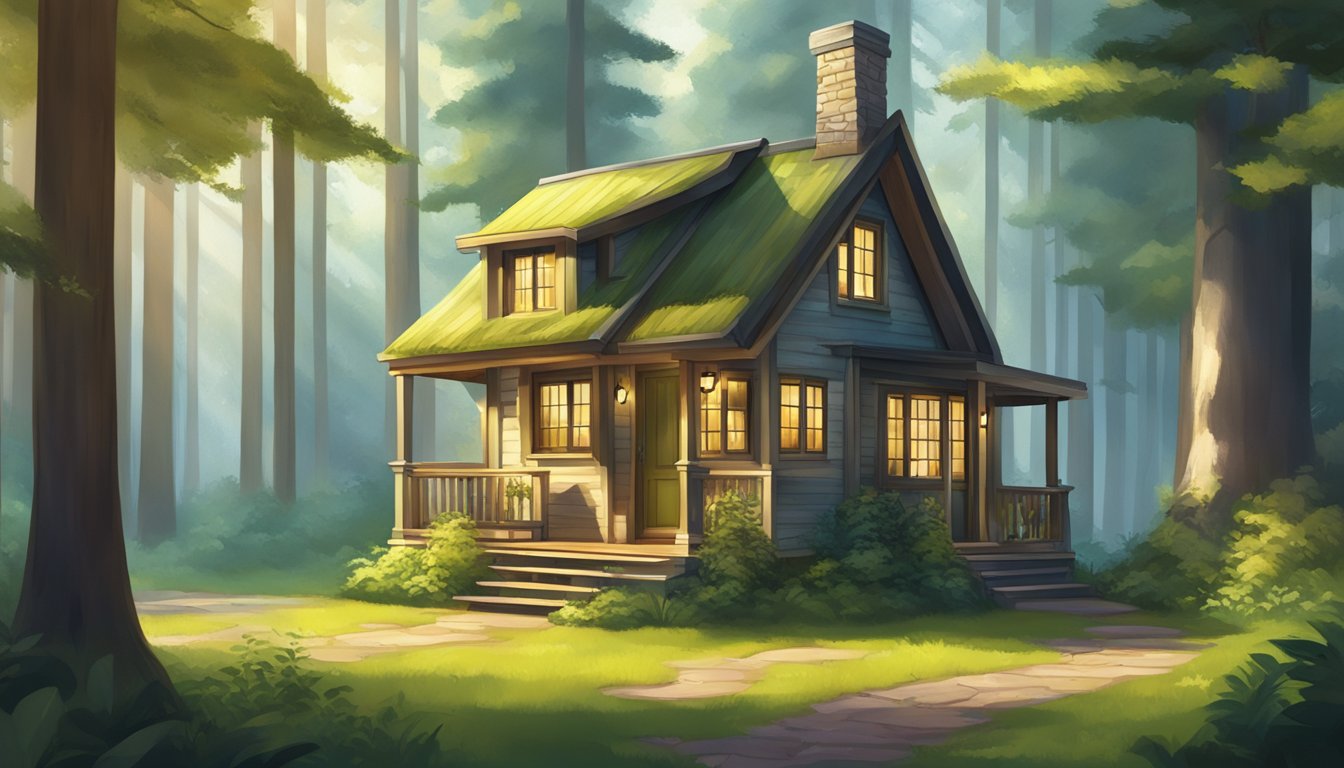 A small, charming tiny house nestled in a lush, secluded forest clearing, surrounded by towering trees and dappled sunlight