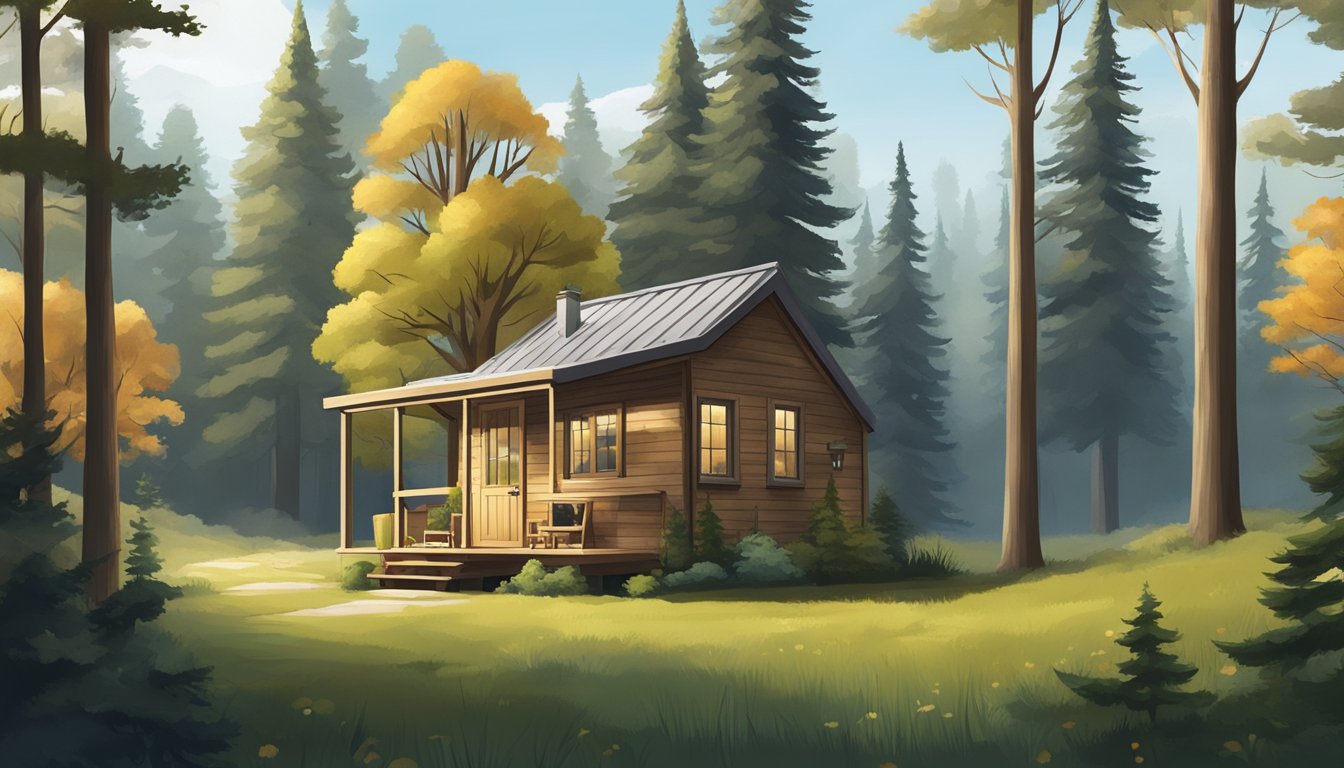 A small, rustic tiny house nestled in the woods, surrounded by tall trees and a tranquil natural setting