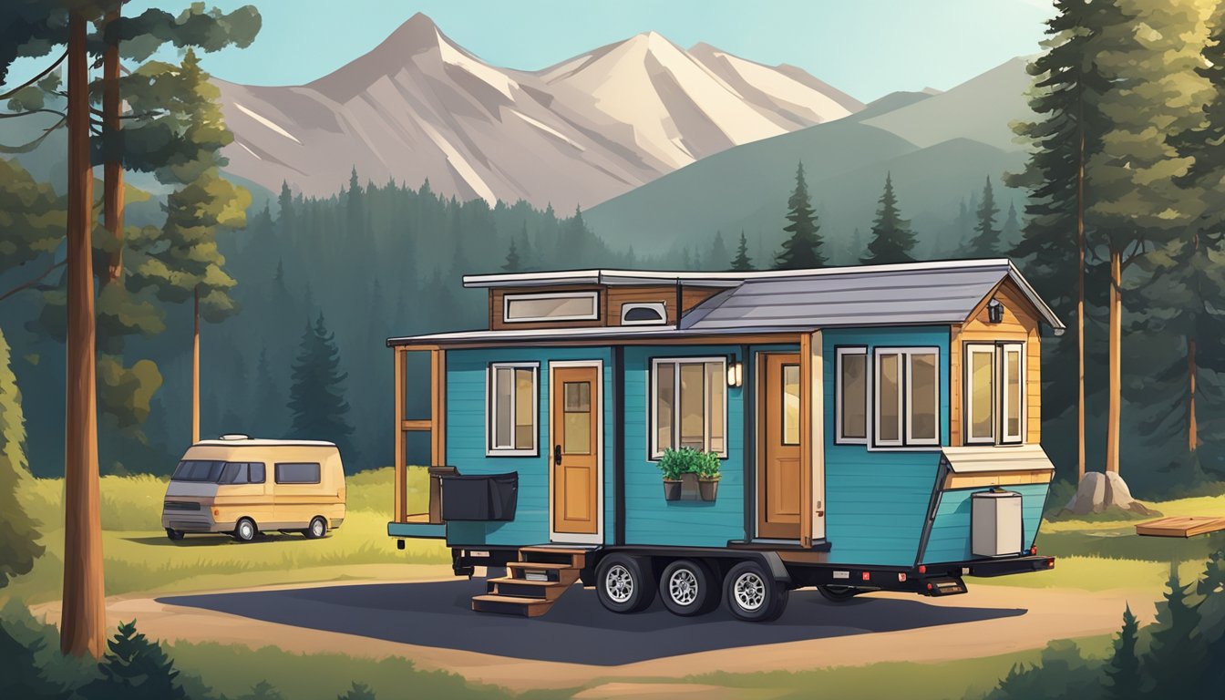 A tiny house and an RV parked side by side, surrounded by trees and a mountain backdrop. The tiny house has a cozy porch, while the RV has a retractable awning