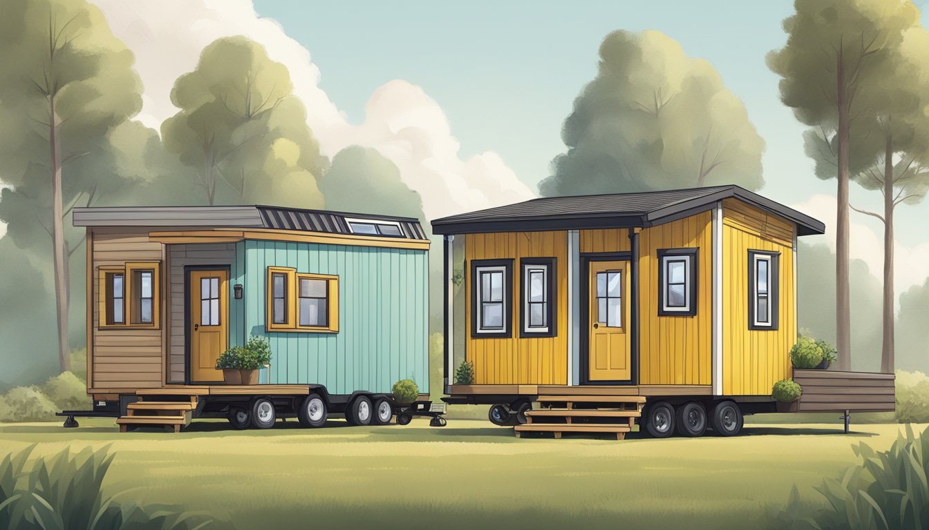 A tiny house and a mobile home side by side, with a focus on their exterior details and differences in size and structure