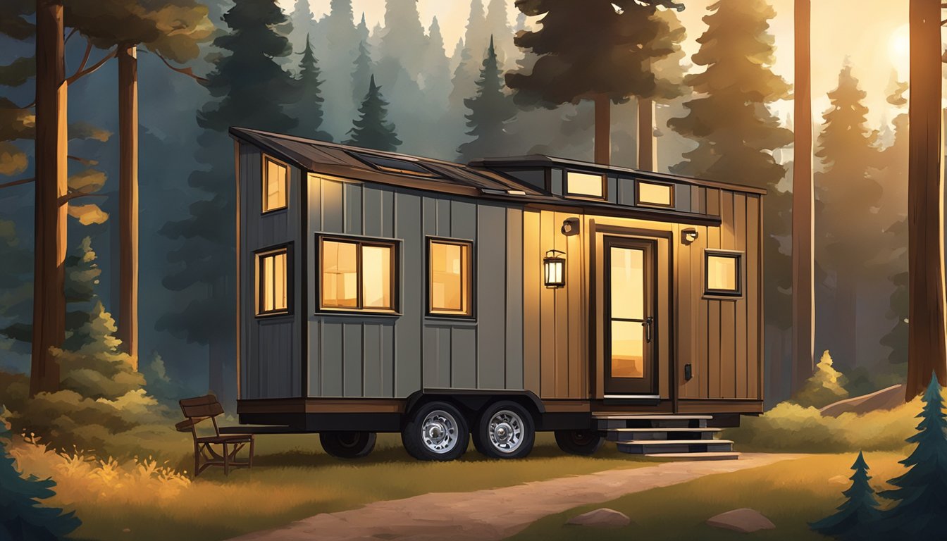 A cozy tiny house nestled in a forest clearing, with a warm glow emanating from the windows. A nearby RV is parked, its sleek design and modern amenities contrasting with the rustic charm of the tiny house