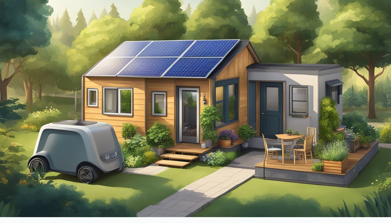 A tiny house and a mobile home surrounded by lush greenery, solar panels on the roofs, and a small garden with a compost bin