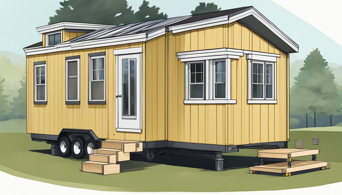 A tiny house being built on a foundation next to a mobile home being assembled on wheels