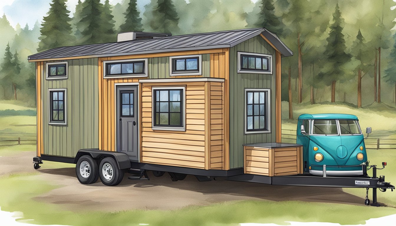 A tiny house and a trailer parked side by side, each with distinct features and sizes. The tiny house has a loft and large windows, while the trailer is compact with a hitch attached