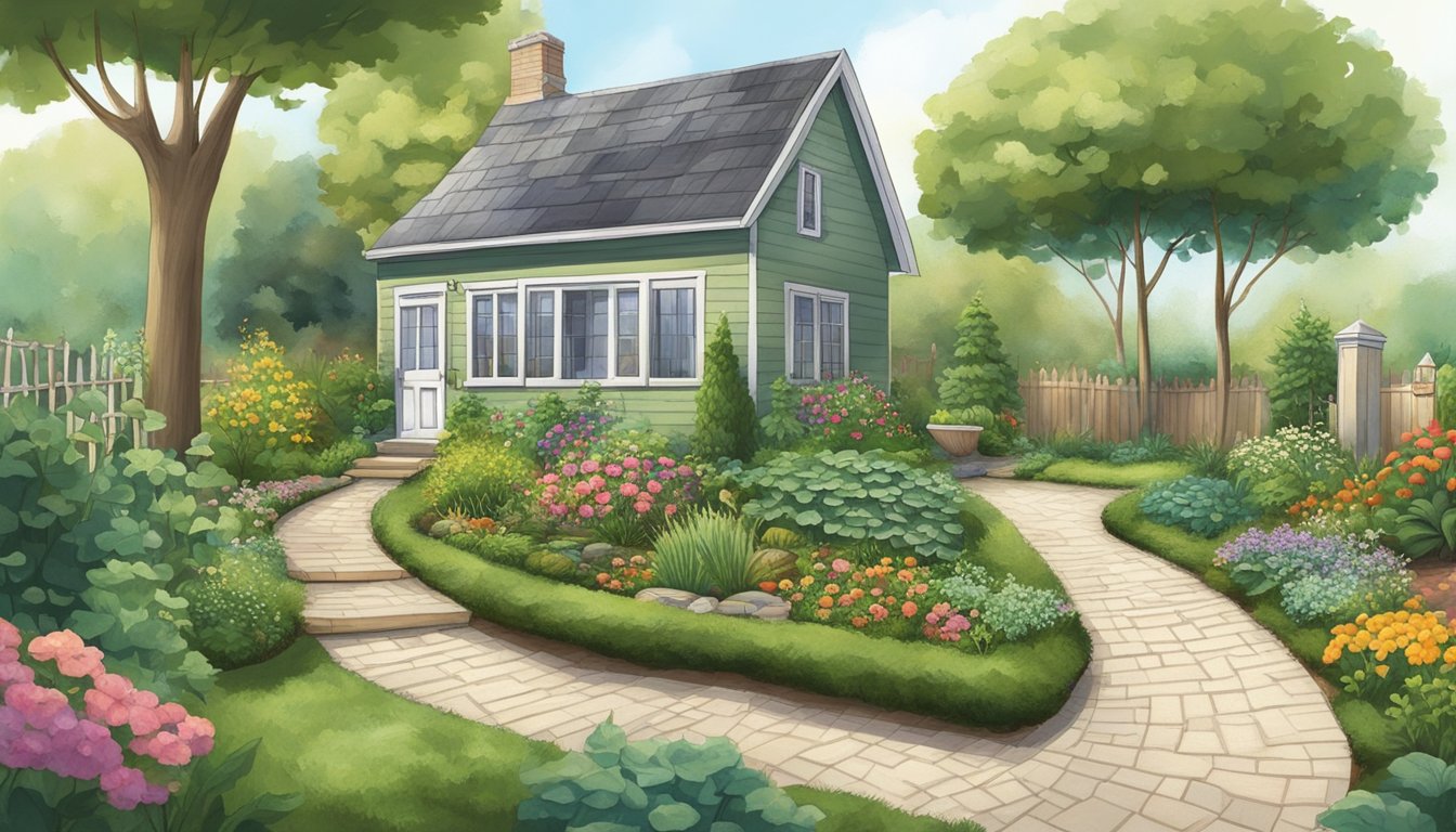 A small house nestled in a lush garden, with a winding path leading up to the front door. A small vegetable garden and a clothesline can be seen in the backyard