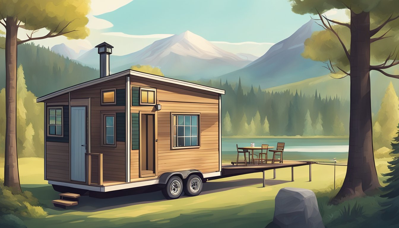 A tiny house and a trailer sit side by side, surrounded by trees and mountains. The tiny house is quaint and cozy, while the trailer is compact and mobile