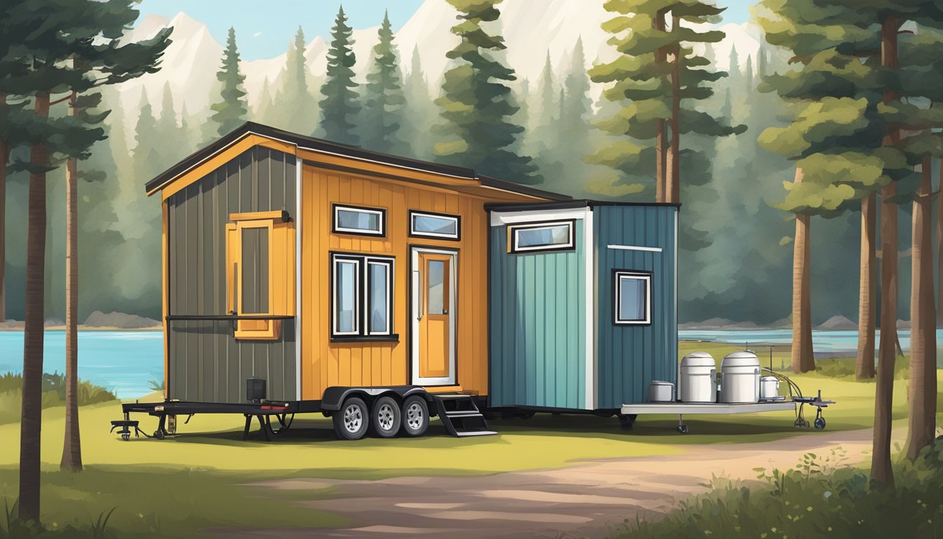 A tiny house on wheels parked next to a traditional 5th wheel trailer in a scenic campground