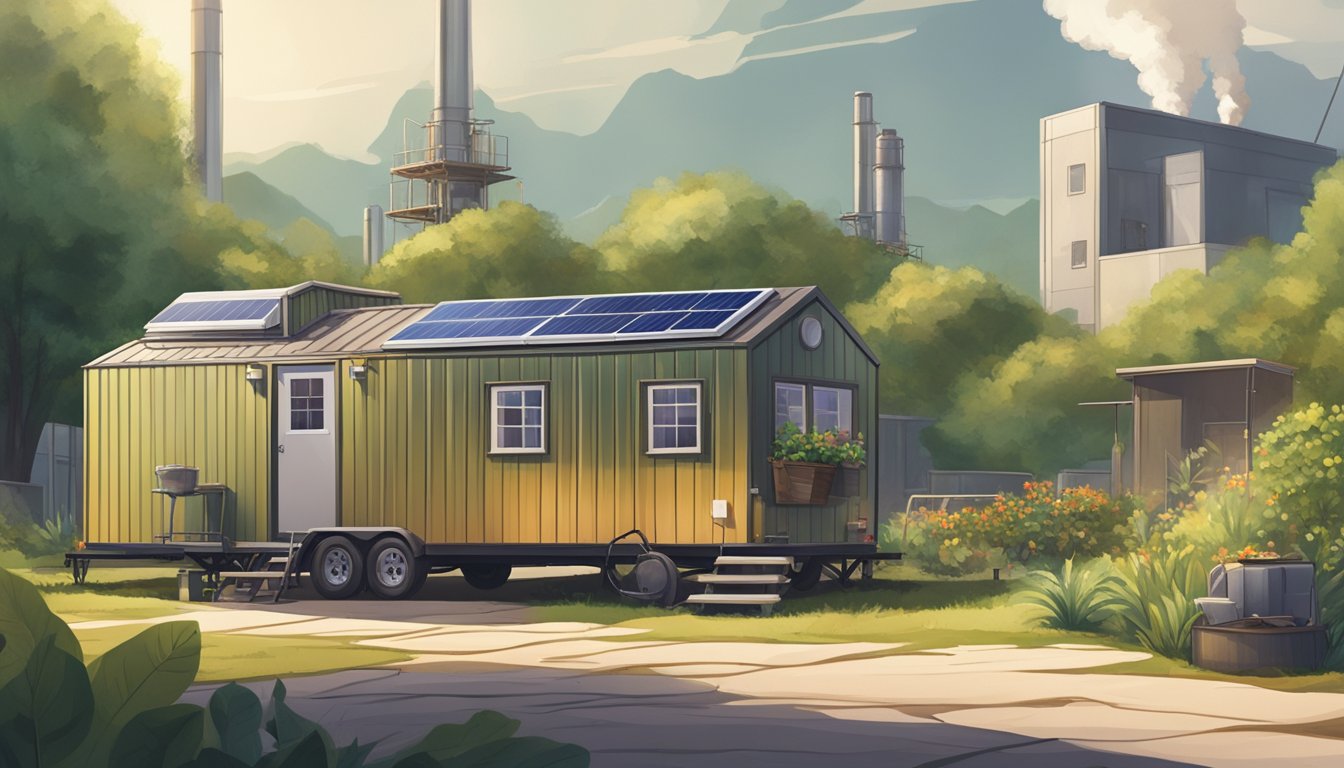 A tiny house surrounded by lush greenery, with solar panels on the roof and a small garden outside. A trailer parked in a barren, industrial area with smokestacks in the distance