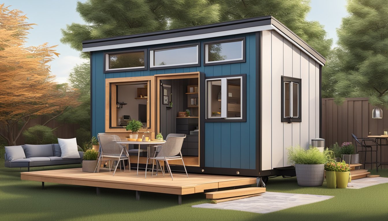 A cozy tiny house with a loft bed, compact kitchen, and fold-out table. Outside, a small patio with a grill and potted plants