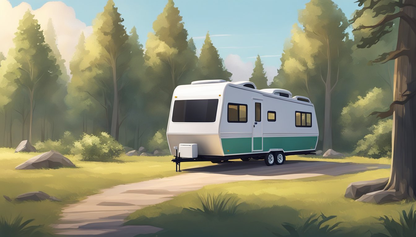 A tiny house or RV parked in a serene natural setting, surrounded by trees and with a clear sky above