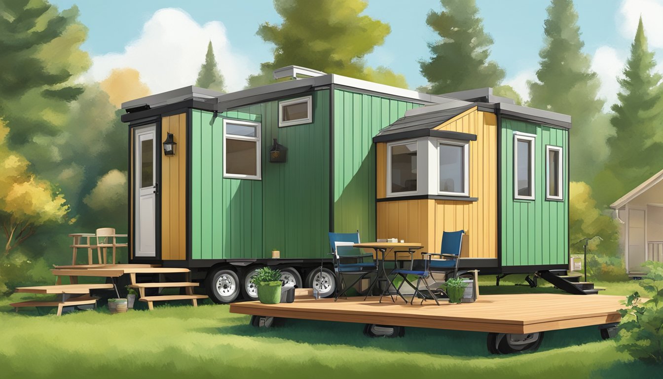 A tiny house sits on a foundation in a lush green setting, while a trailer home is parked on wheels in a more urban environment