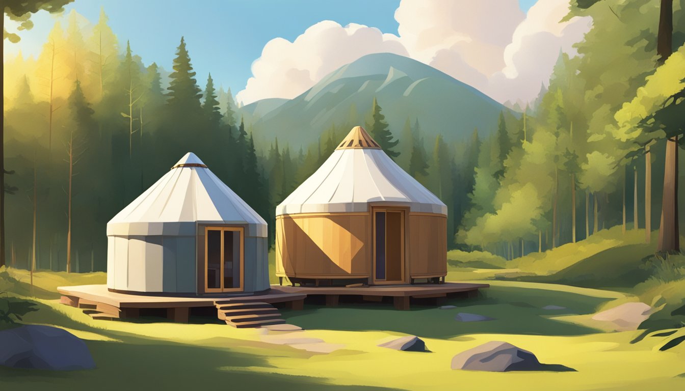 A tiny house and a yurt sit side by side in a lush, forested setting. The sun shines down, casting shadows on the earthy structures