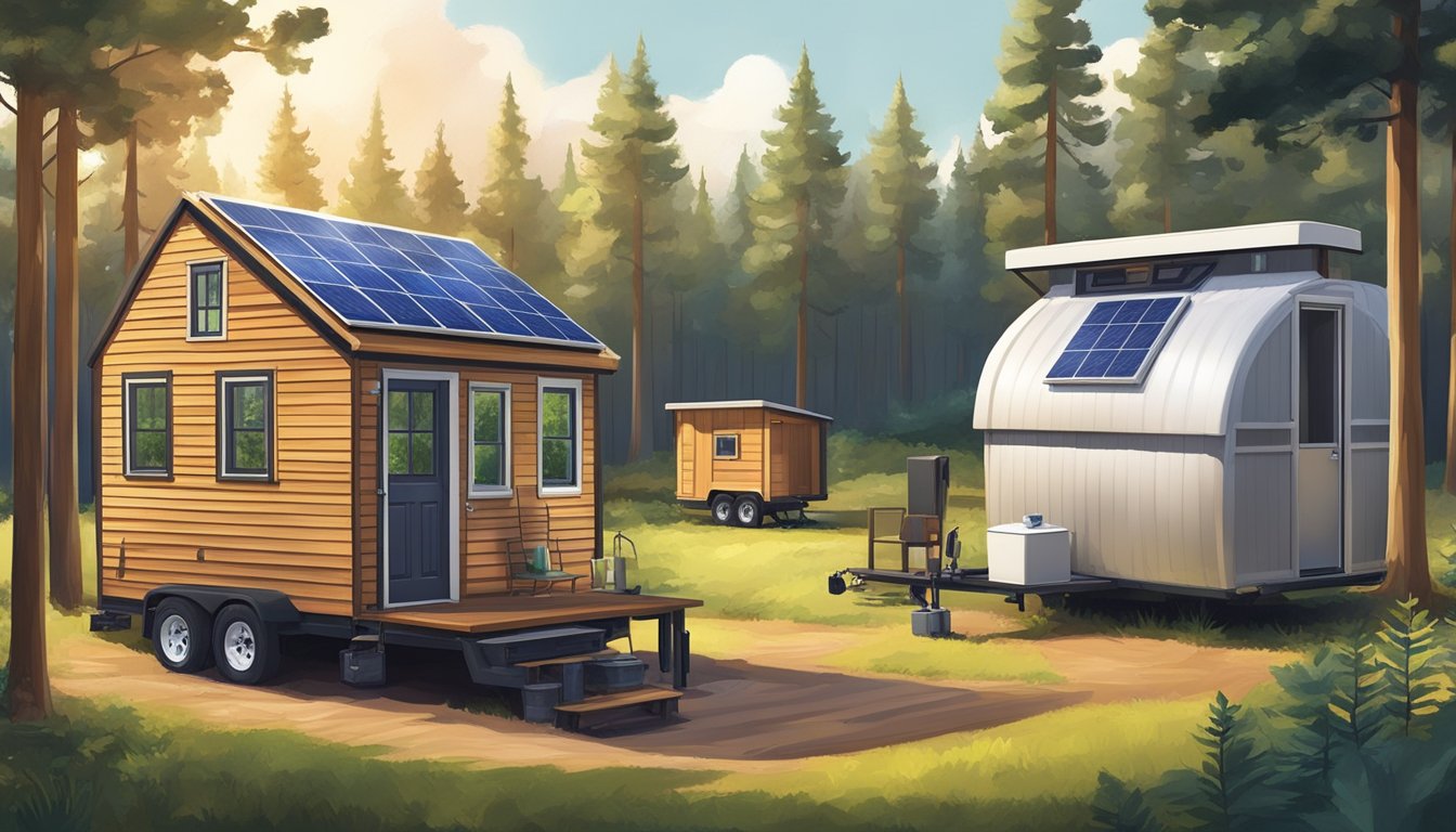 A tiny house surrounded by trees with solar panels on the roof, while a trailer home is parked in a clearing with a composting toilet and rainwater collection system