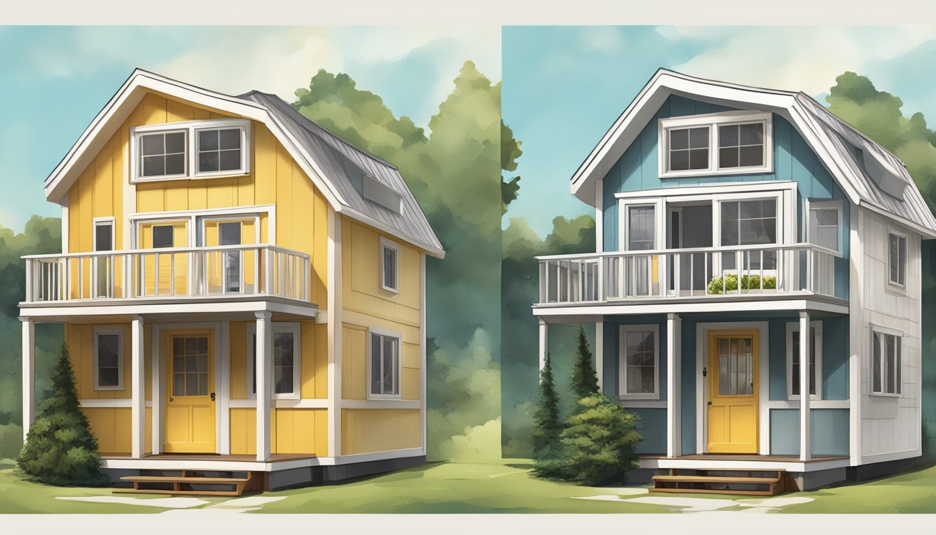 A tiny house and a small house side by side, showing the contrast in size and design