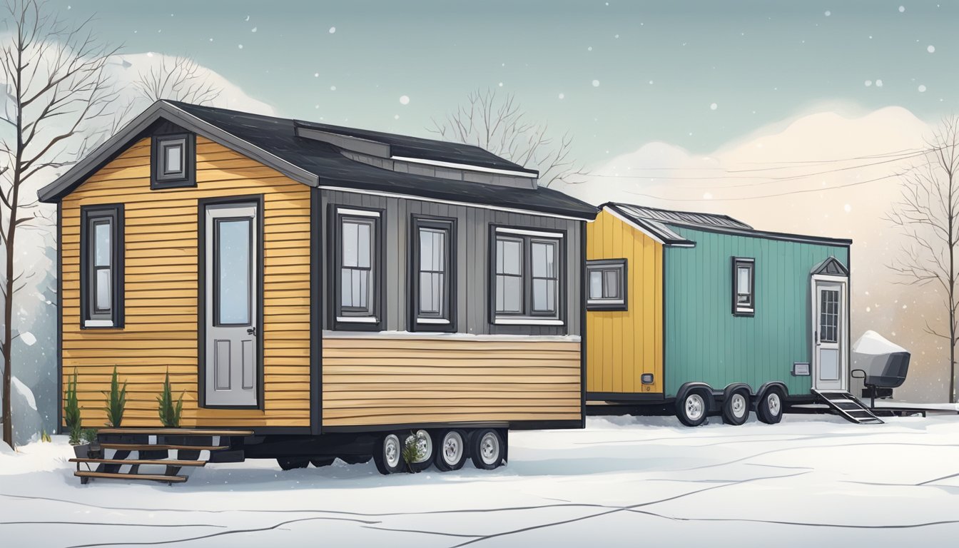 A tiny house and a trailer home endure harsh weather and neglect, showing signs of wear and tear