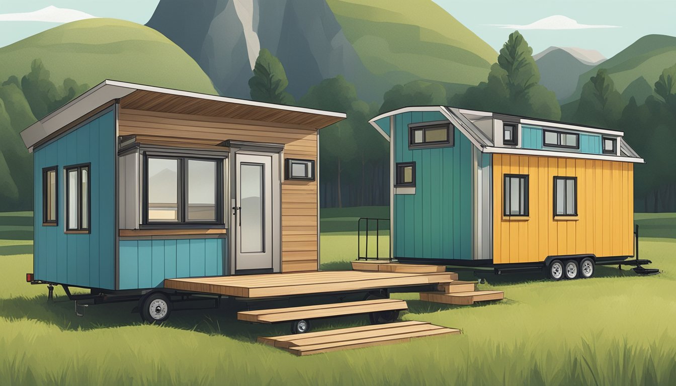 A tiny house and a trailer home side by side in a grassy field, with the tiny house showcasing modern design and efficiency, while the trailer home appears more traditional and utilitarian