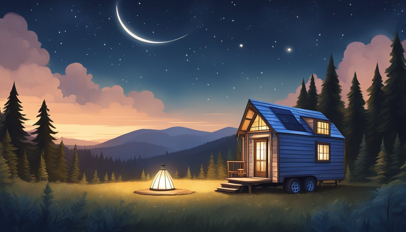 A cozy tiny house nestled in a lush forest, contrasting with a yurt standing on an open plain under a starry night sky